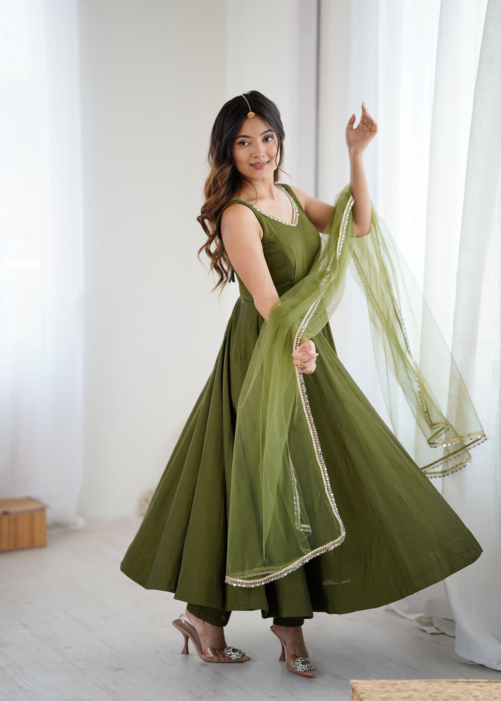 Olive Green Anarkali Gown with Fancy Lace Dupatta