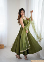 Olive Green Anarkali Gown with Fancy Lace Dupatta