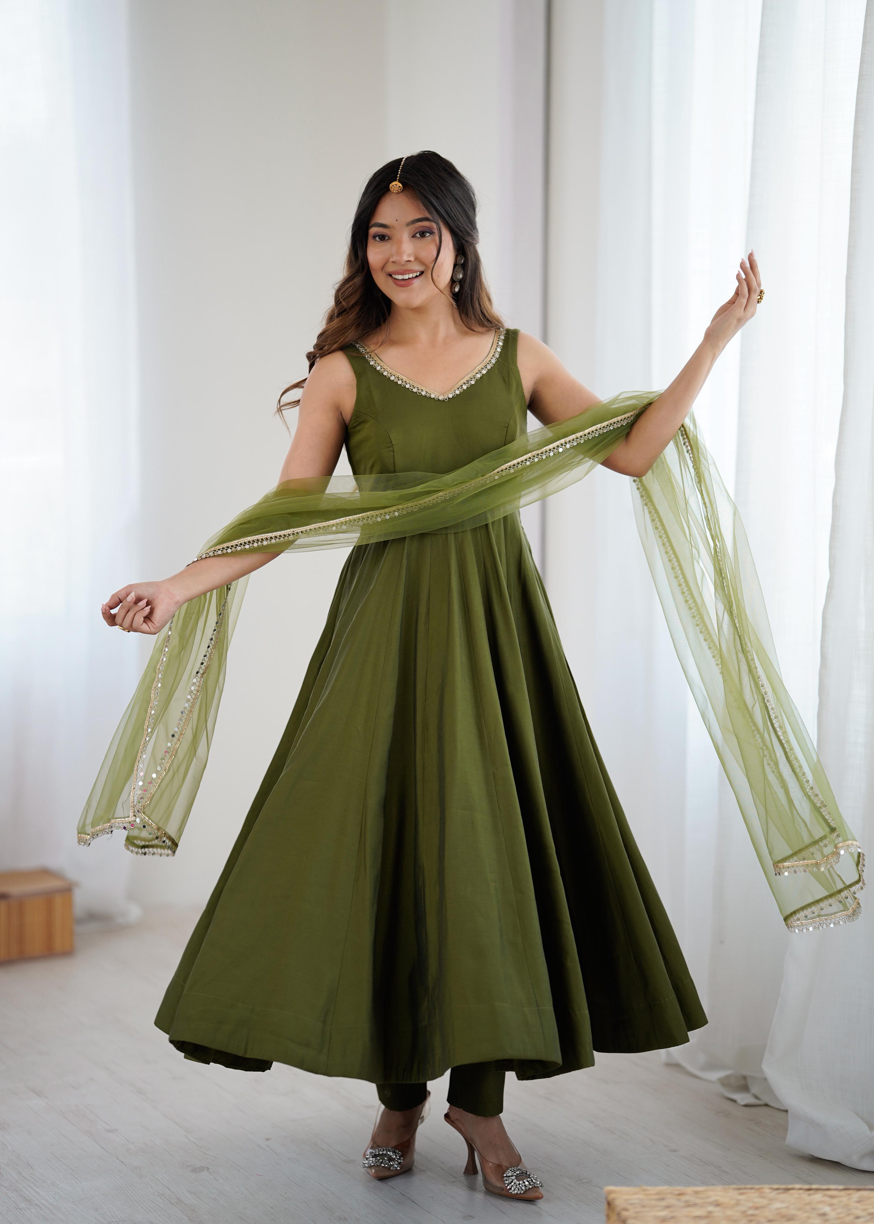 Olive Green Anarkali Gown with Fancy Lace Dupatta