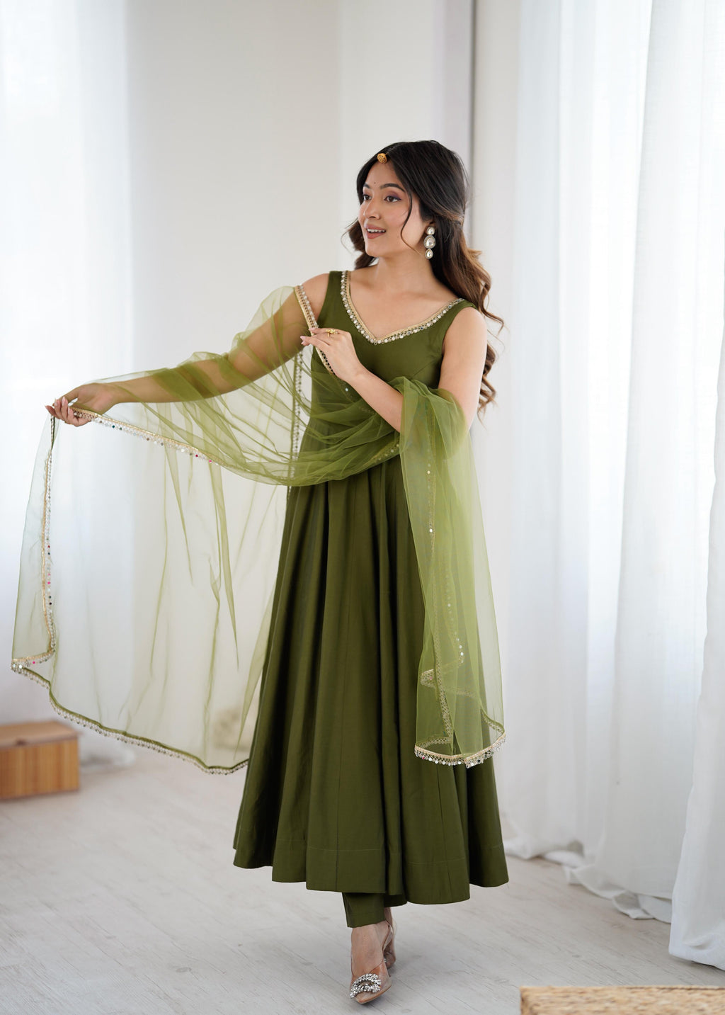 Olive Green Anarkali Gown with Fancy Lace Dupatta
