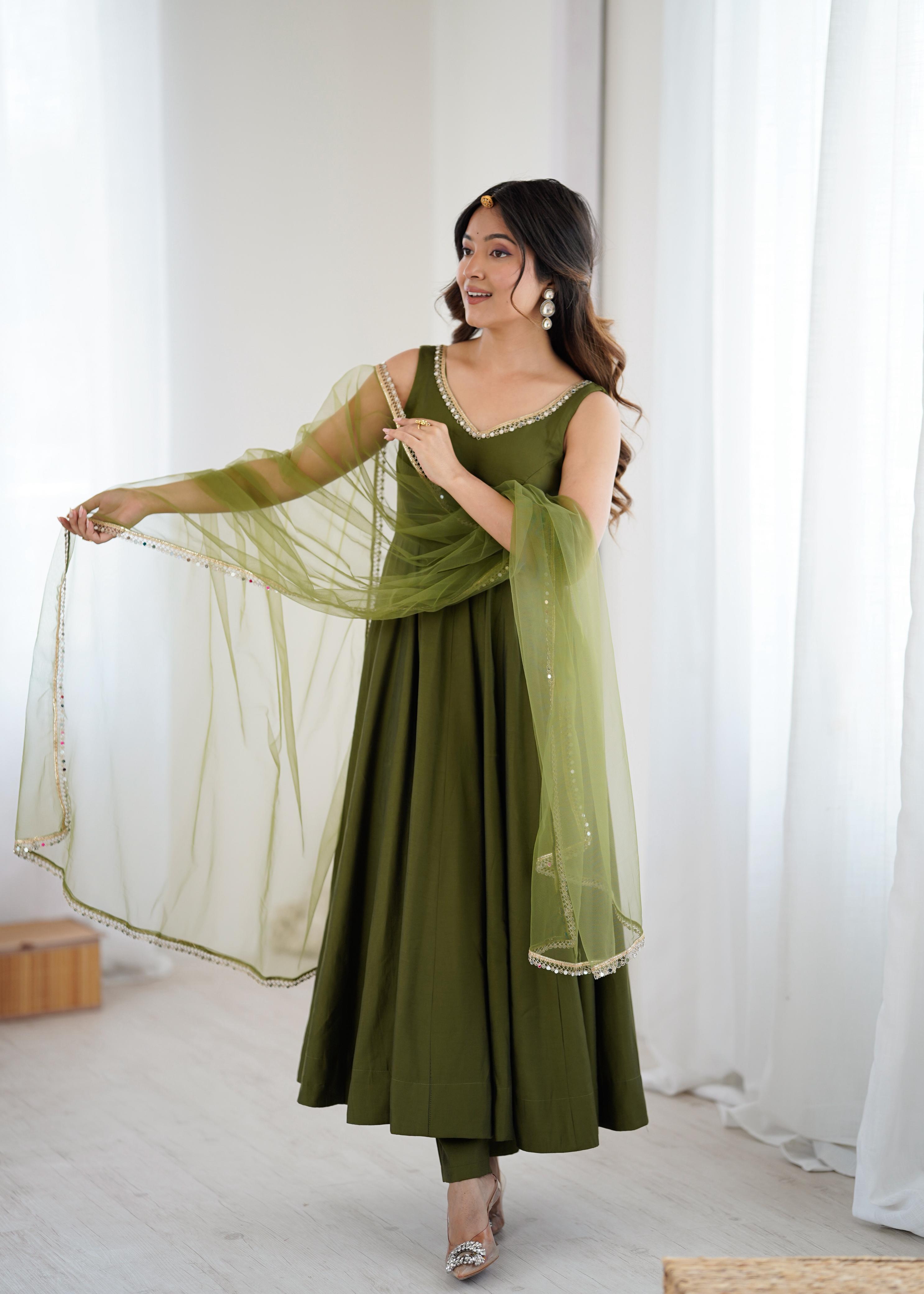 Olive Green Anarkali Gown with Fancy Lace Dupatta