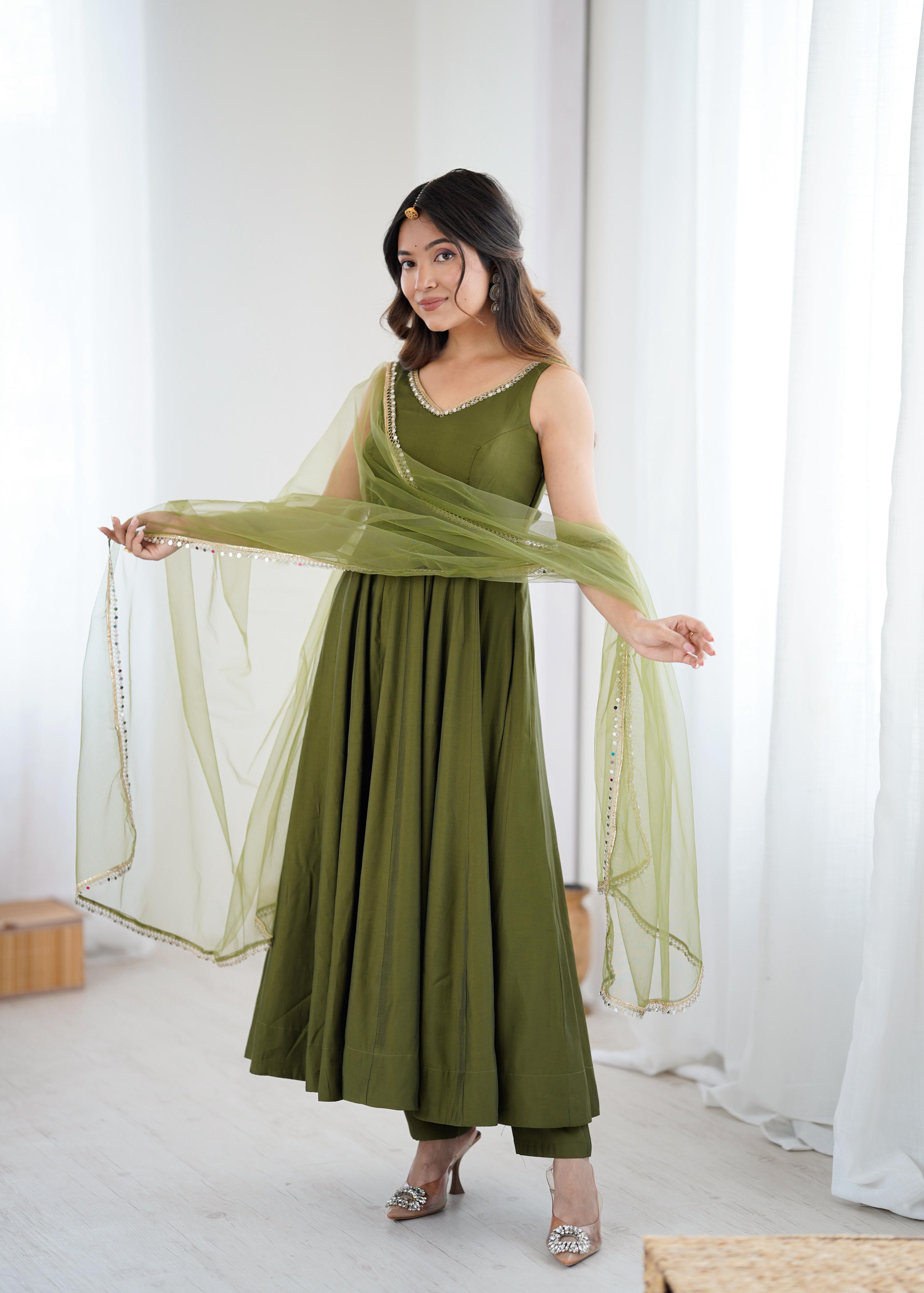 Olive Green Anarkali Gown with Fancy Lace Dupatta