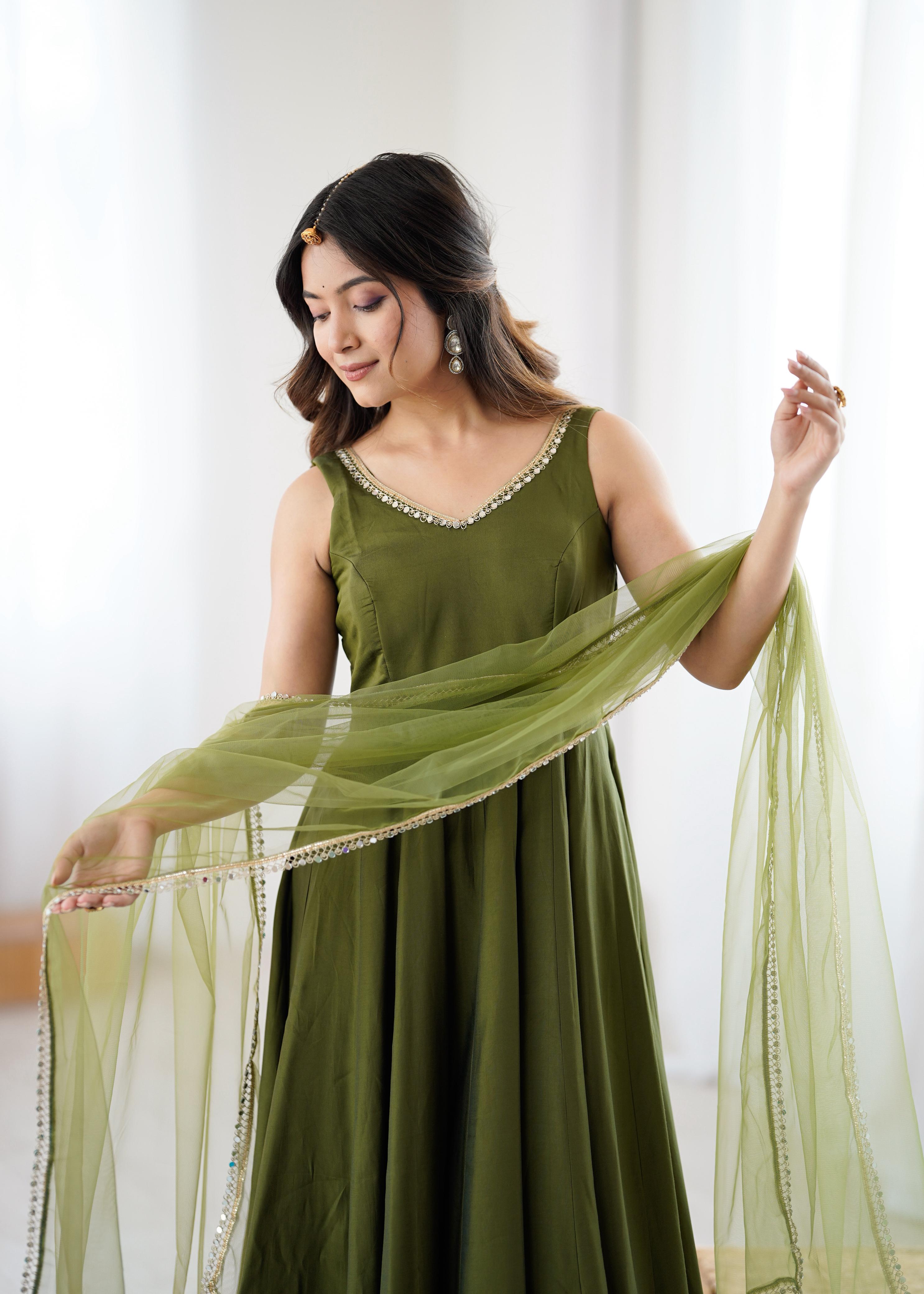Olive Green Anarkali Gown with Fancy Lace Dupatta