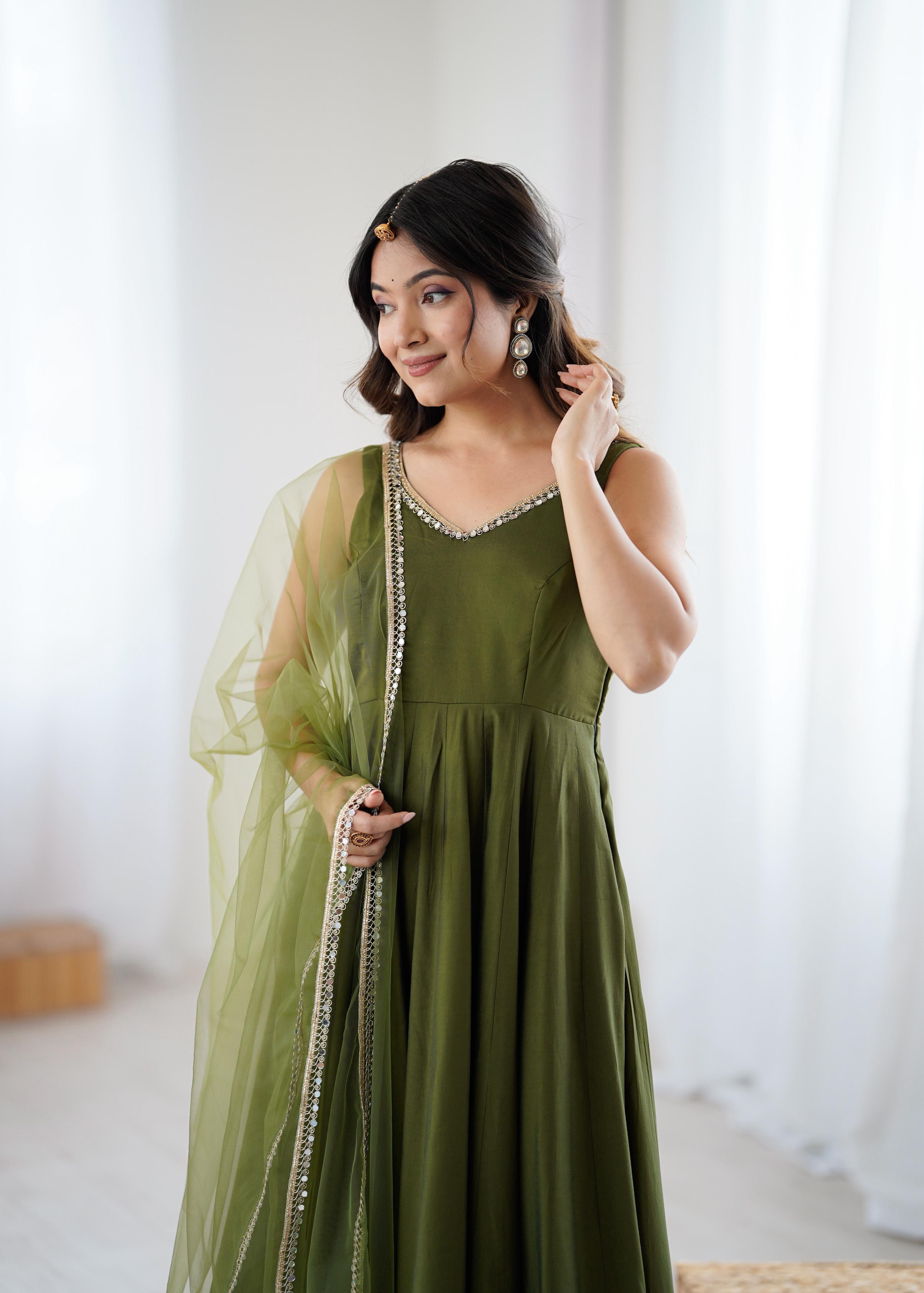 Olive Green Anarkali Gown with Fancy Lace Dupatta