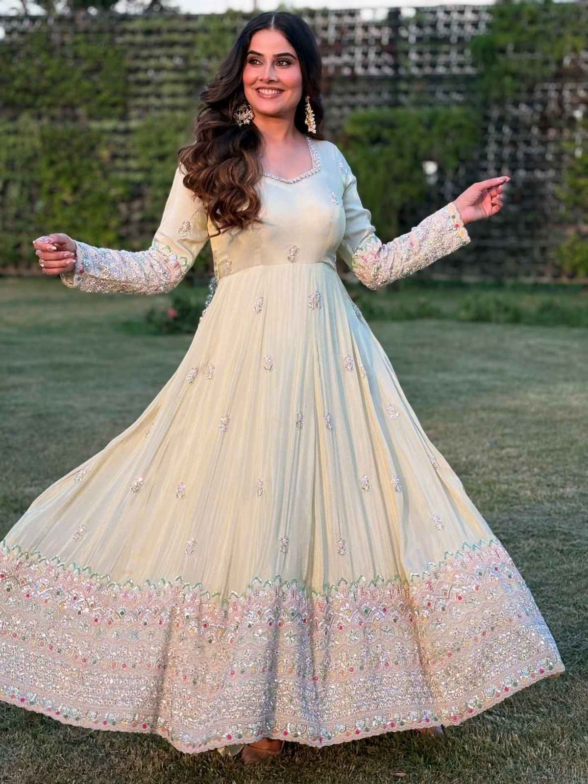 Pastel Beige Embroidered Georgette Anarkali Gown Set