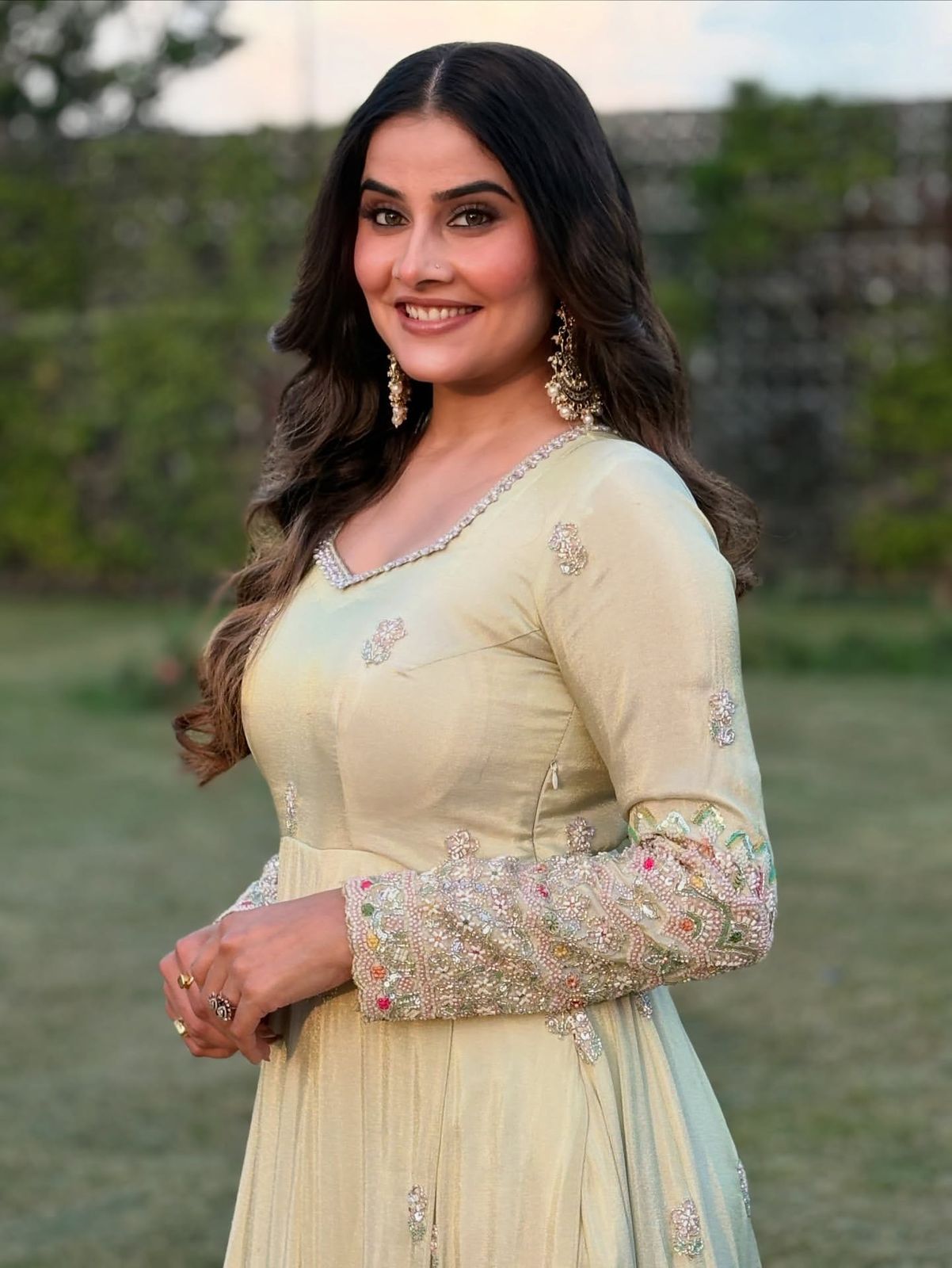 Pastel Beige Embroidered Georgette Anarkali Gown Set