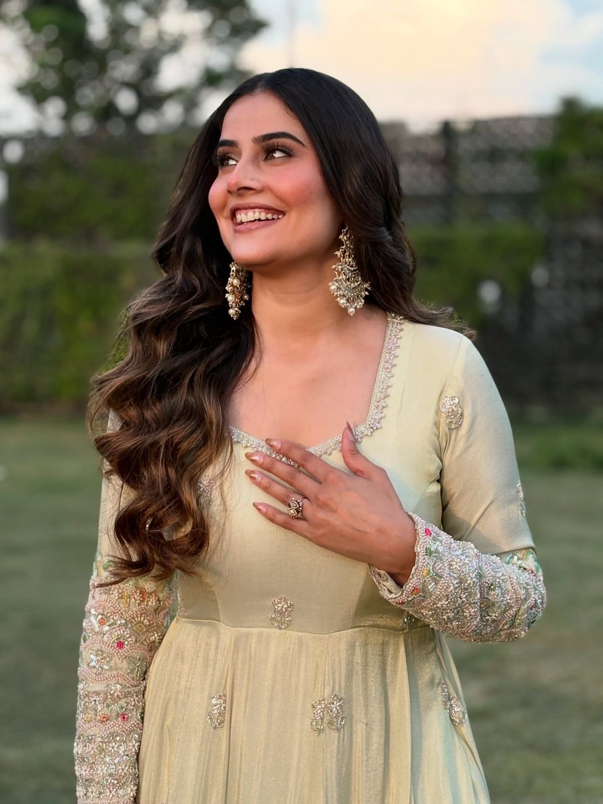 Pastel Beige Embroidered Georgette Anarkali Gown Set