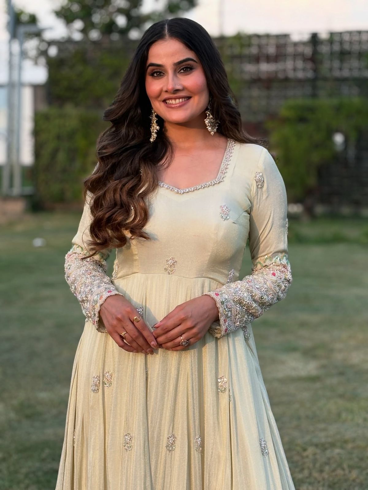 Pastel Beige Embroidered Georgette Anarkali Gown Set