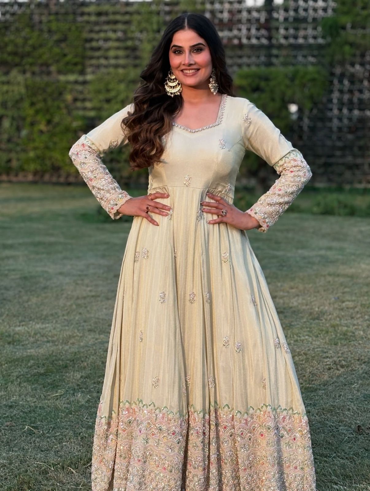 Pastel Beige Embroidered Georgette Anarkali Gown Set