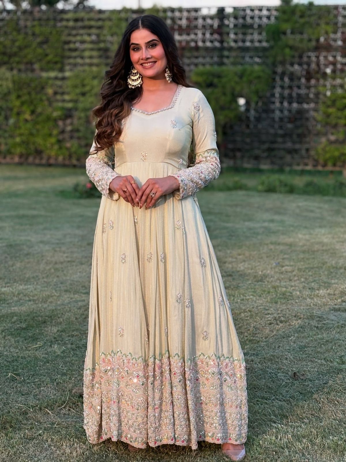 Pastel Beige Embroidered Georgette Anarkali Gown Set