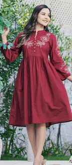 Maroon Embroidered Cotton High-Neck Midi Dress