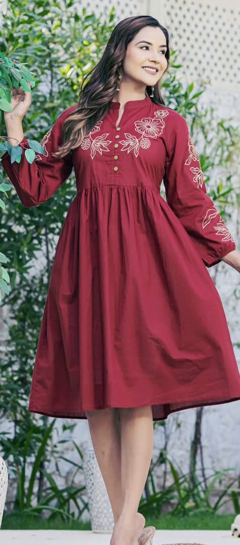 Maroon Embroidered Cotton High-Neck Midi Dress