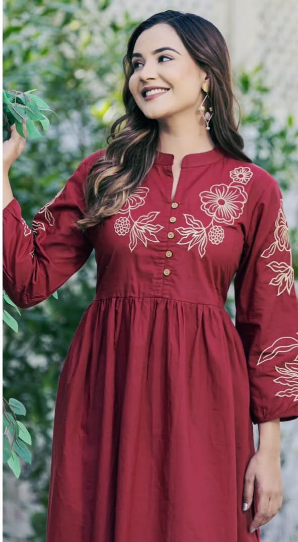 Maroon Embroidered Cotton High-Neck Midi Dress