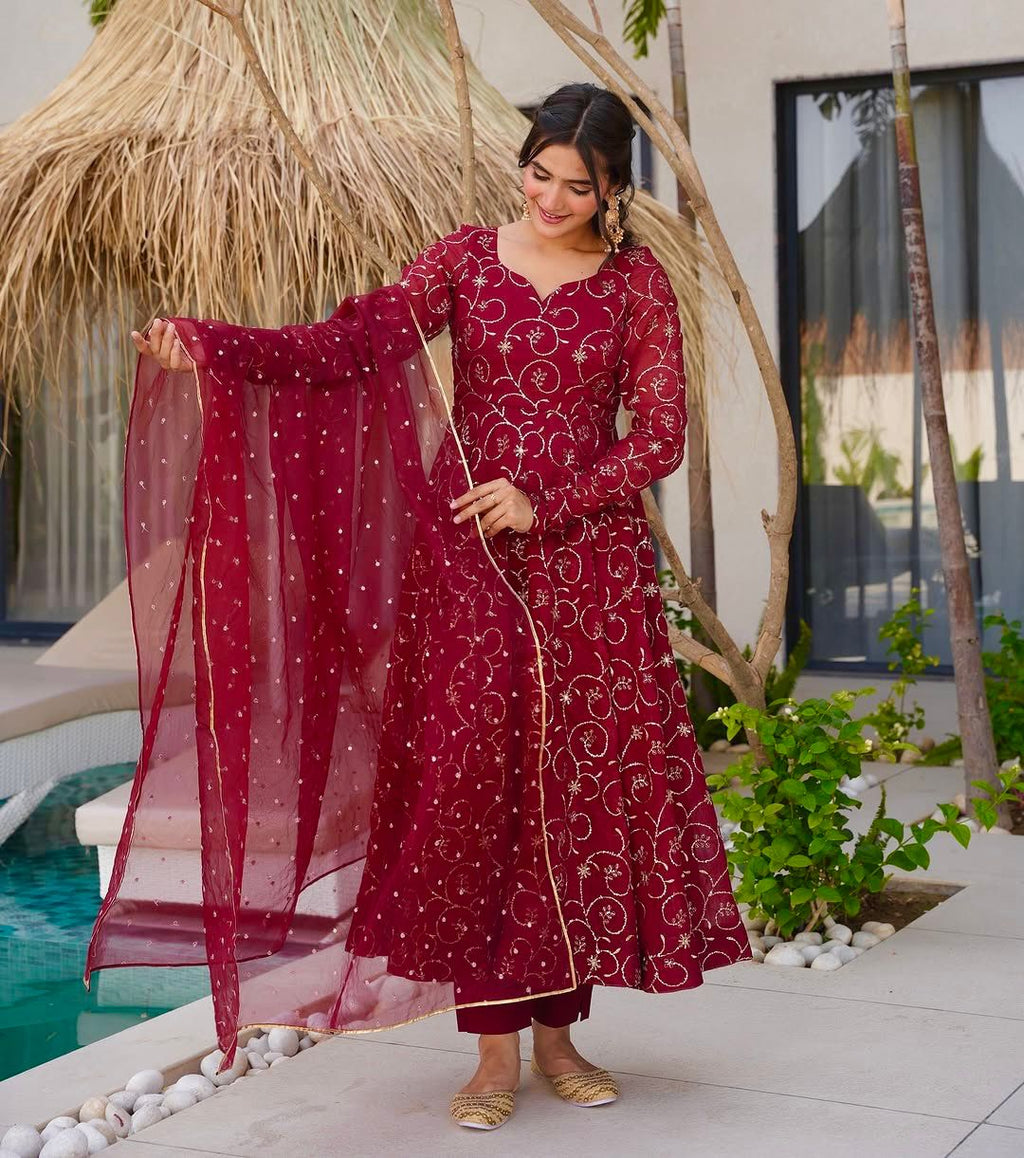 Maroon Embroidered Georgette Anarkali Gown Set