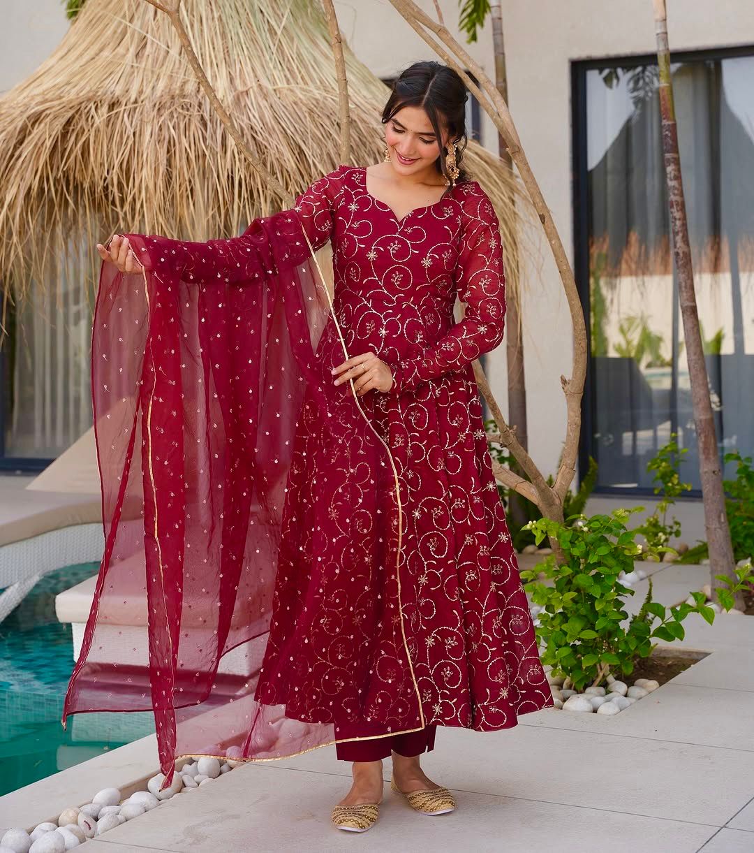 Maroon Embroidered Georgette Anarkali Gown Set