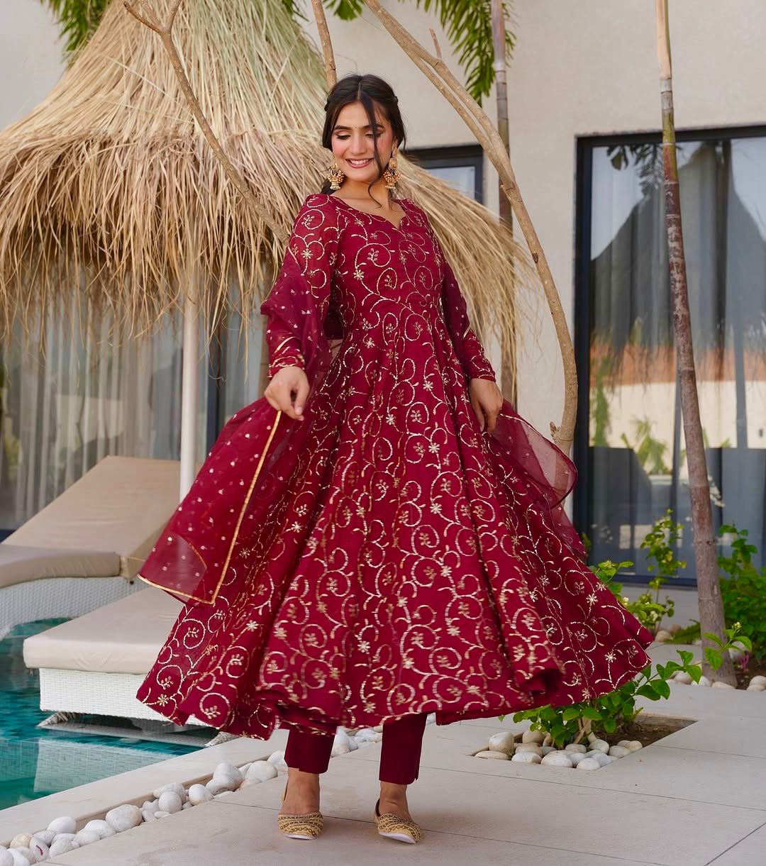 Maroon Embroidered Georgette Anarkali Gown Set