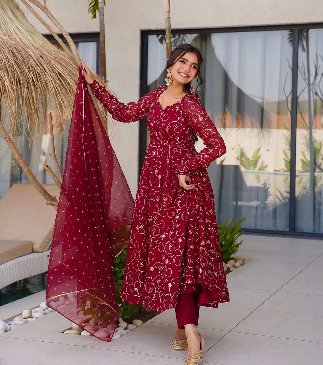 Maroon Embroidered Georgette Anarkali Gown Set