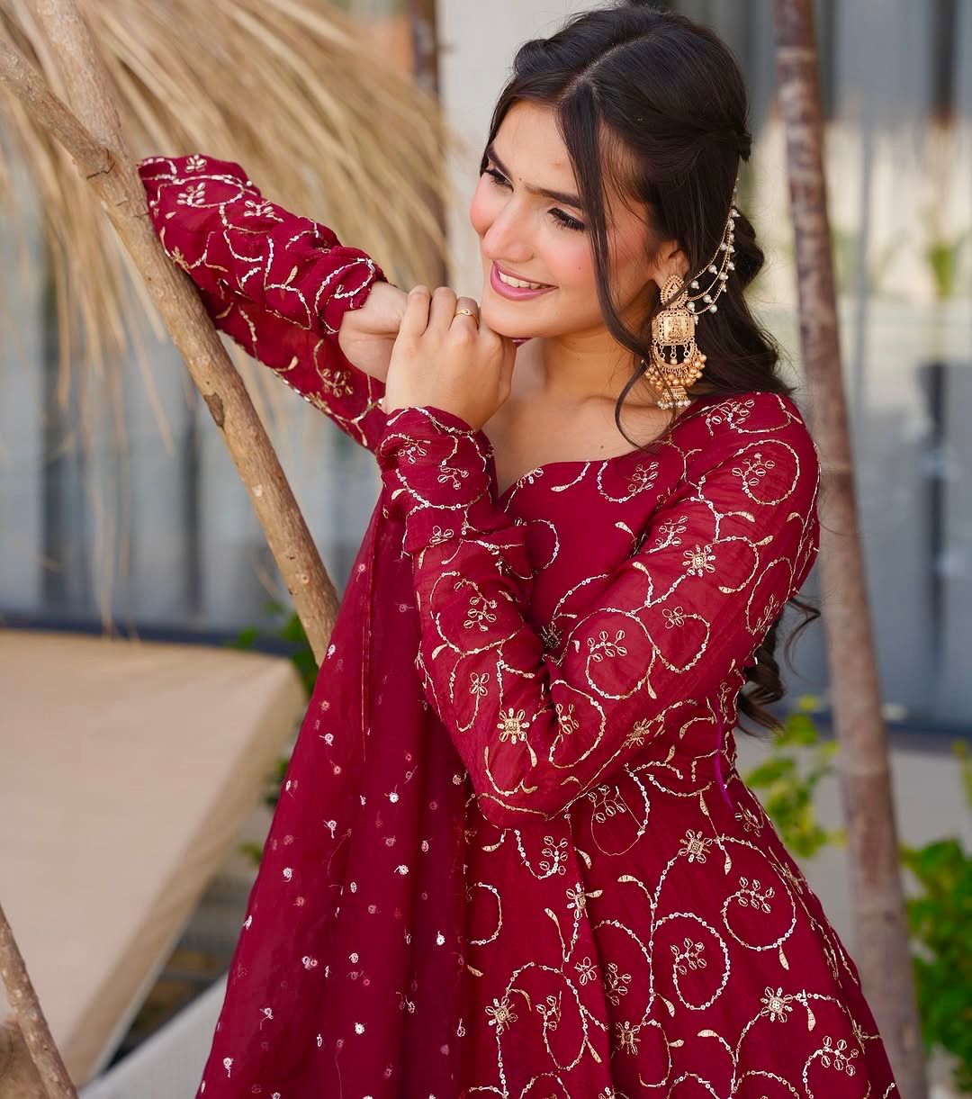 Maroon Embroidered Georgette Anarkali Gown Set