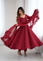 Sequin Embroidered Anarkali Gown with Ruffle Dupatta
