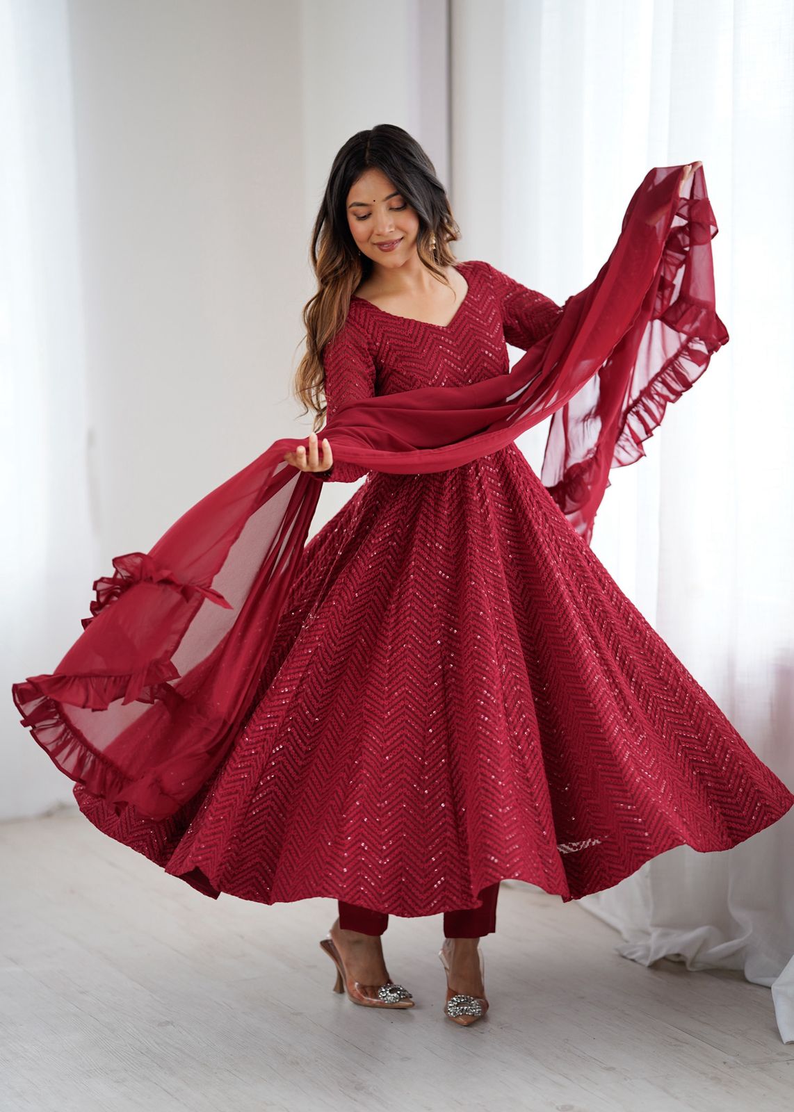 Sequin Embroidered Anarkali Gown with Ruffle Dupatta