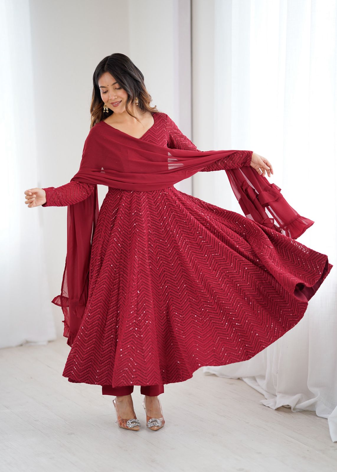 Sequin Embroidered Anarkali Gown with Ruffle Dupatta