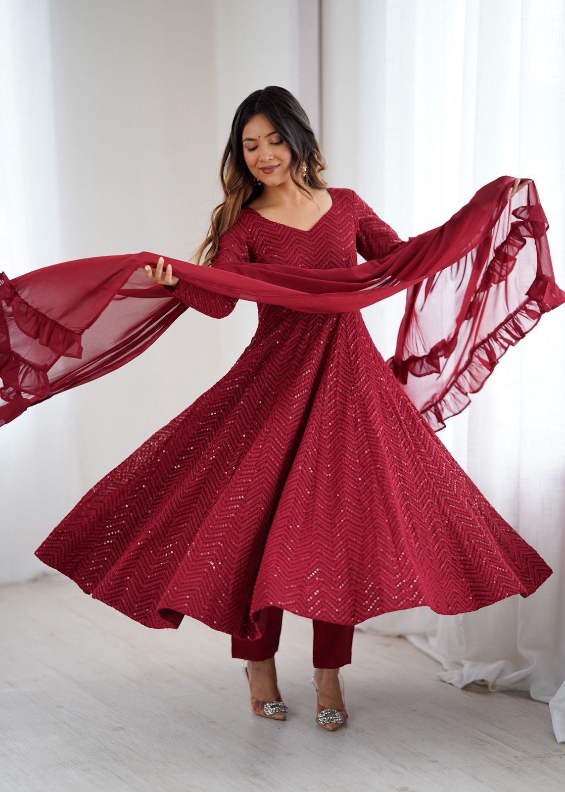 Sequin Embroidered Anarkali Gown with Ruffle Dupatta