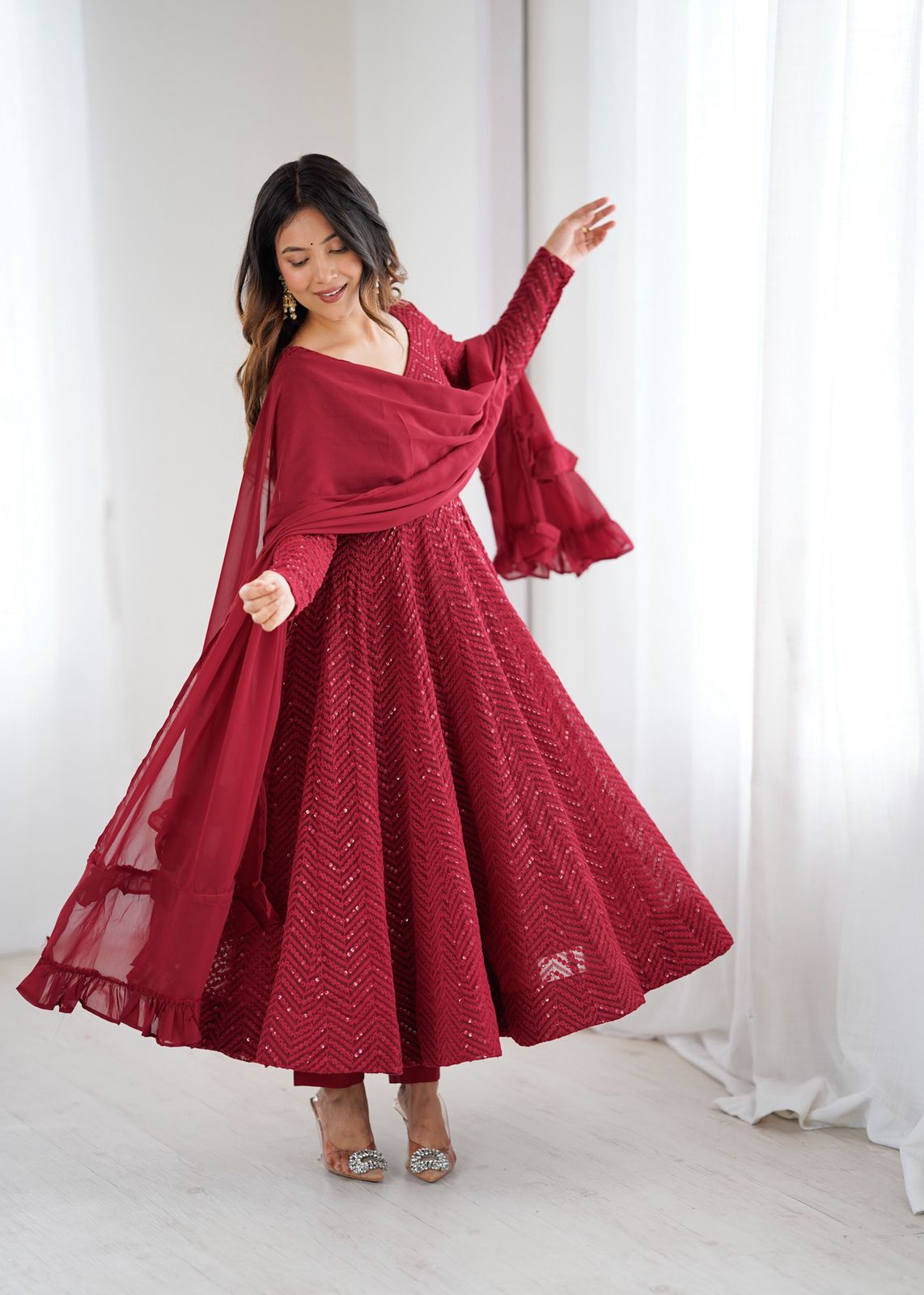 Sequin Embroidered Anarkali Gown with Ruffle Dupatta