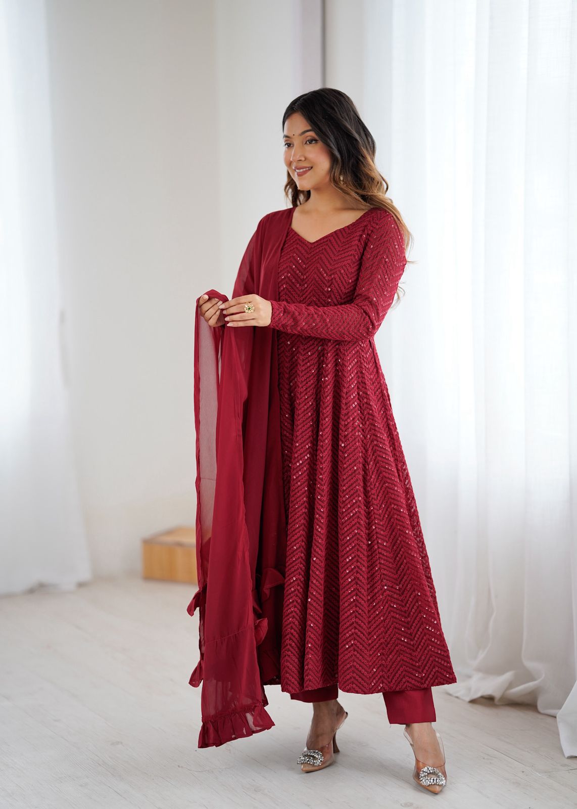 Sequin Embroidered Anarkali Gown with Ruffle Dupatta