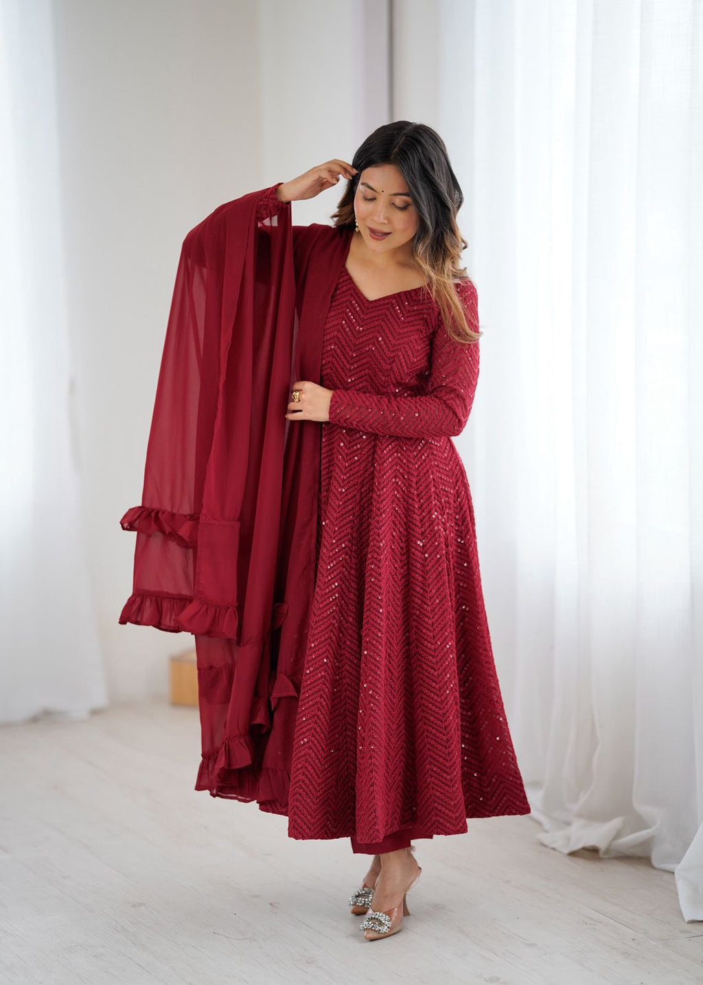 Sequin Embroidered Anarkali Gown with Ruffle Dupatta