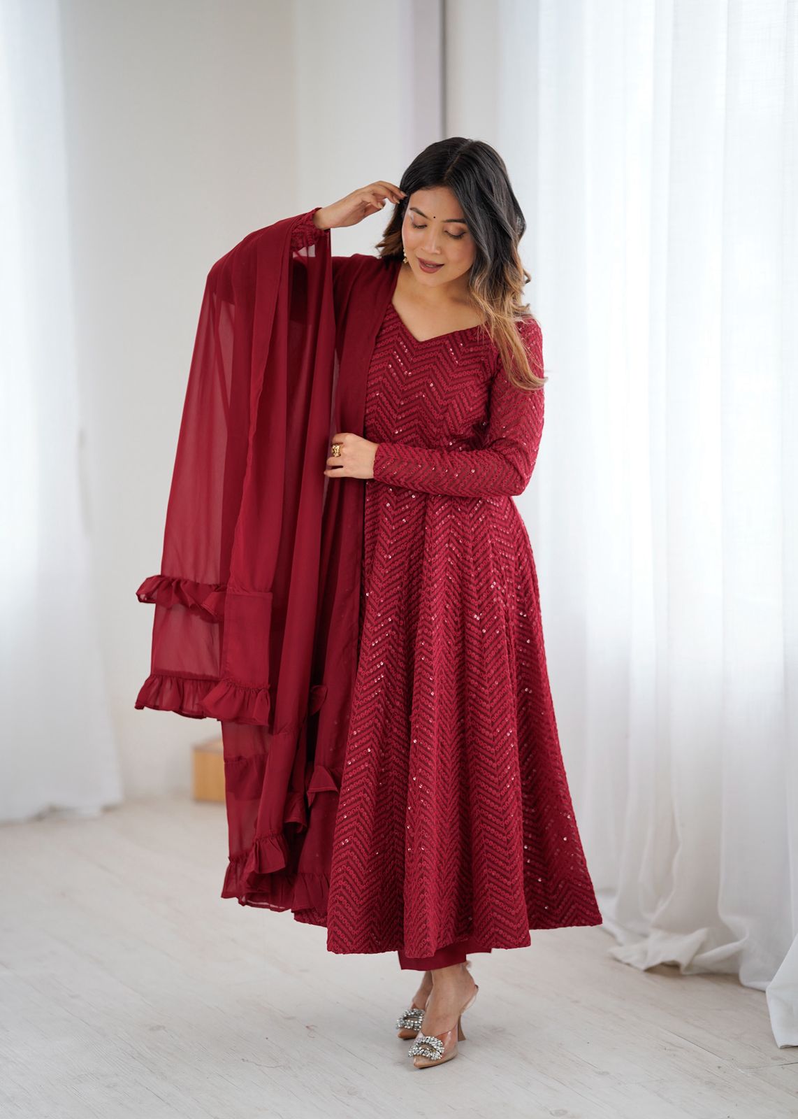 Sequin Embroidered Anarkali Gown with Ruffle Dupatta