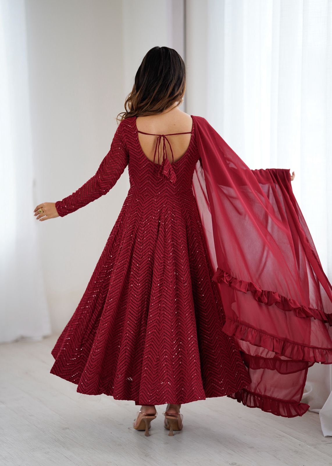 Sequin Embroidered Anarkali Gown with Ruffle Dupatta