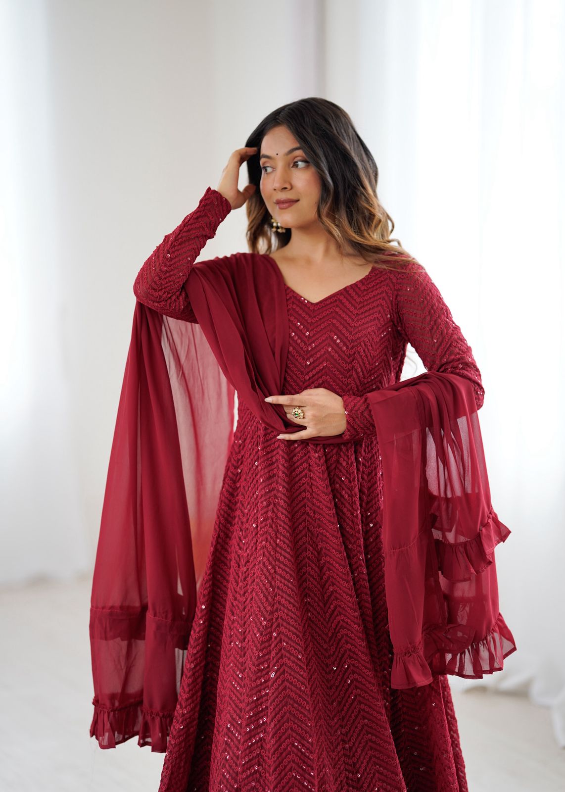Sequin Embroidered Anarkali Gown with Ruffle Dupatta