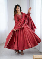 Rust Red Chanderi Silk Anarkali Gown Set