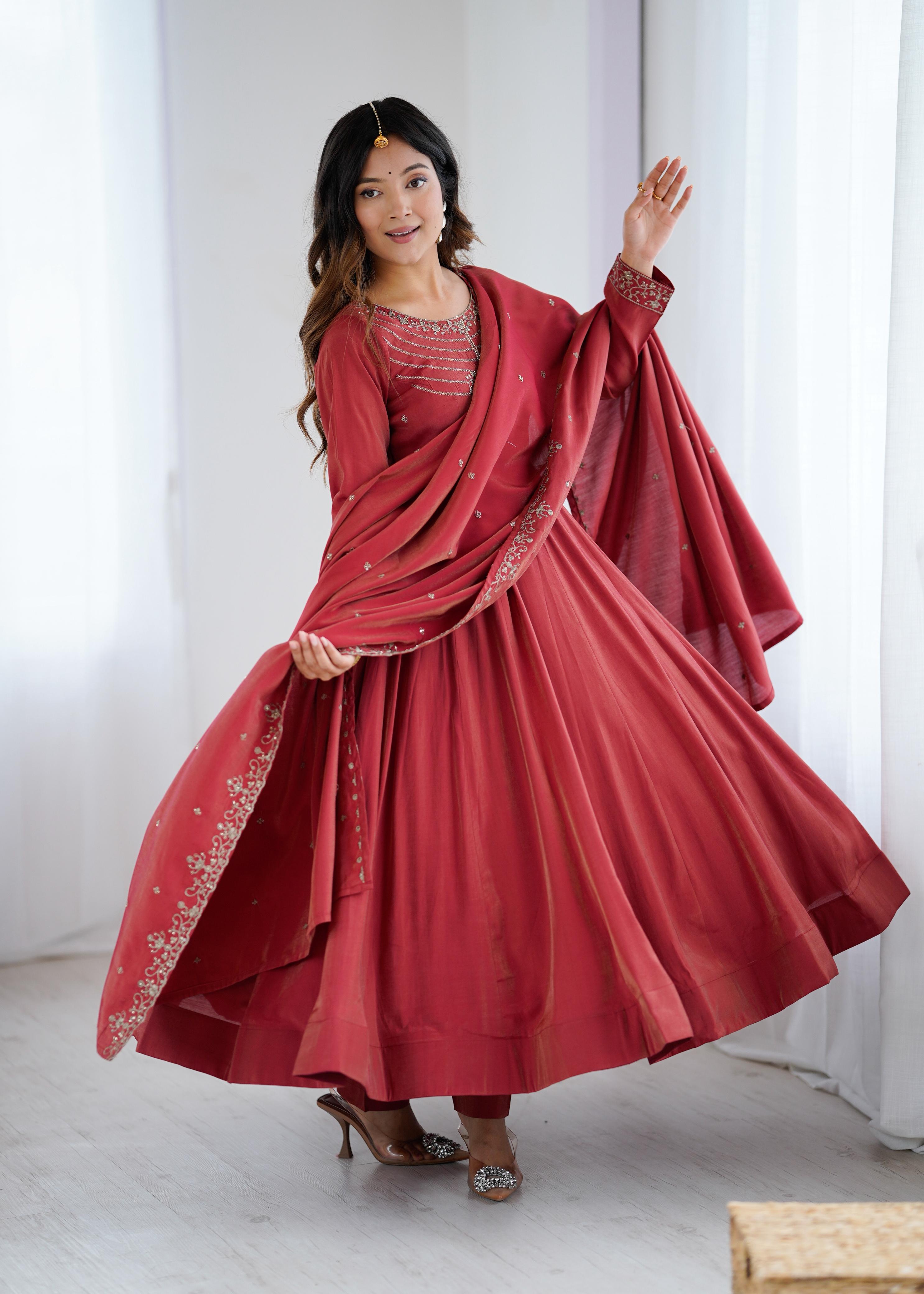 Rust Red Chanderi Silk Anarkali Gown Set