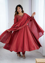 Rust Red Chanderi Silk Anarkali Gown Set