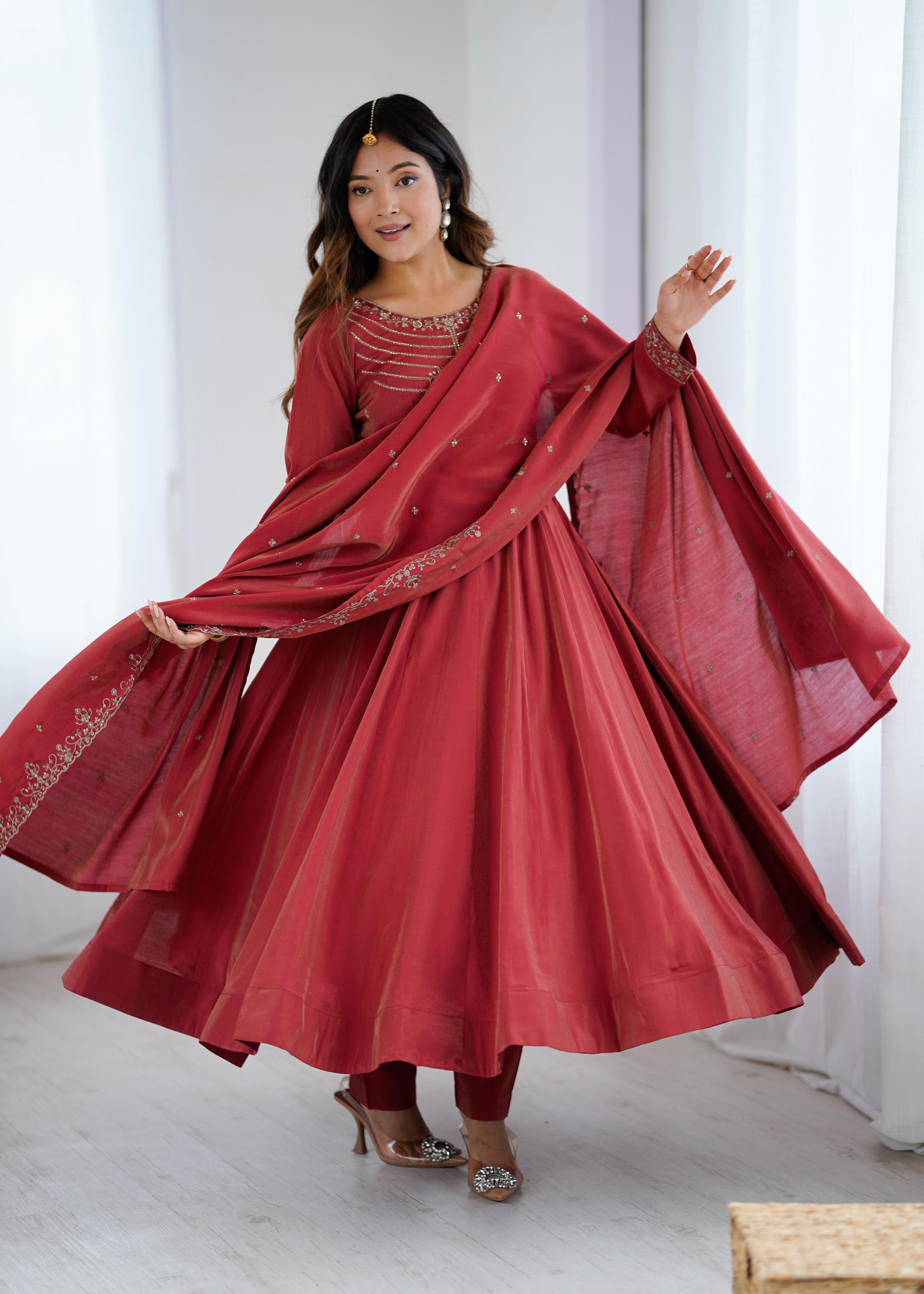 Rust Red Chanderi Silk Anarkali Gown Set