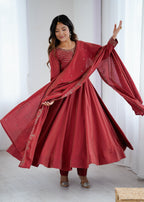 Rust Red Chanderi Silk Anarkali Gown Set