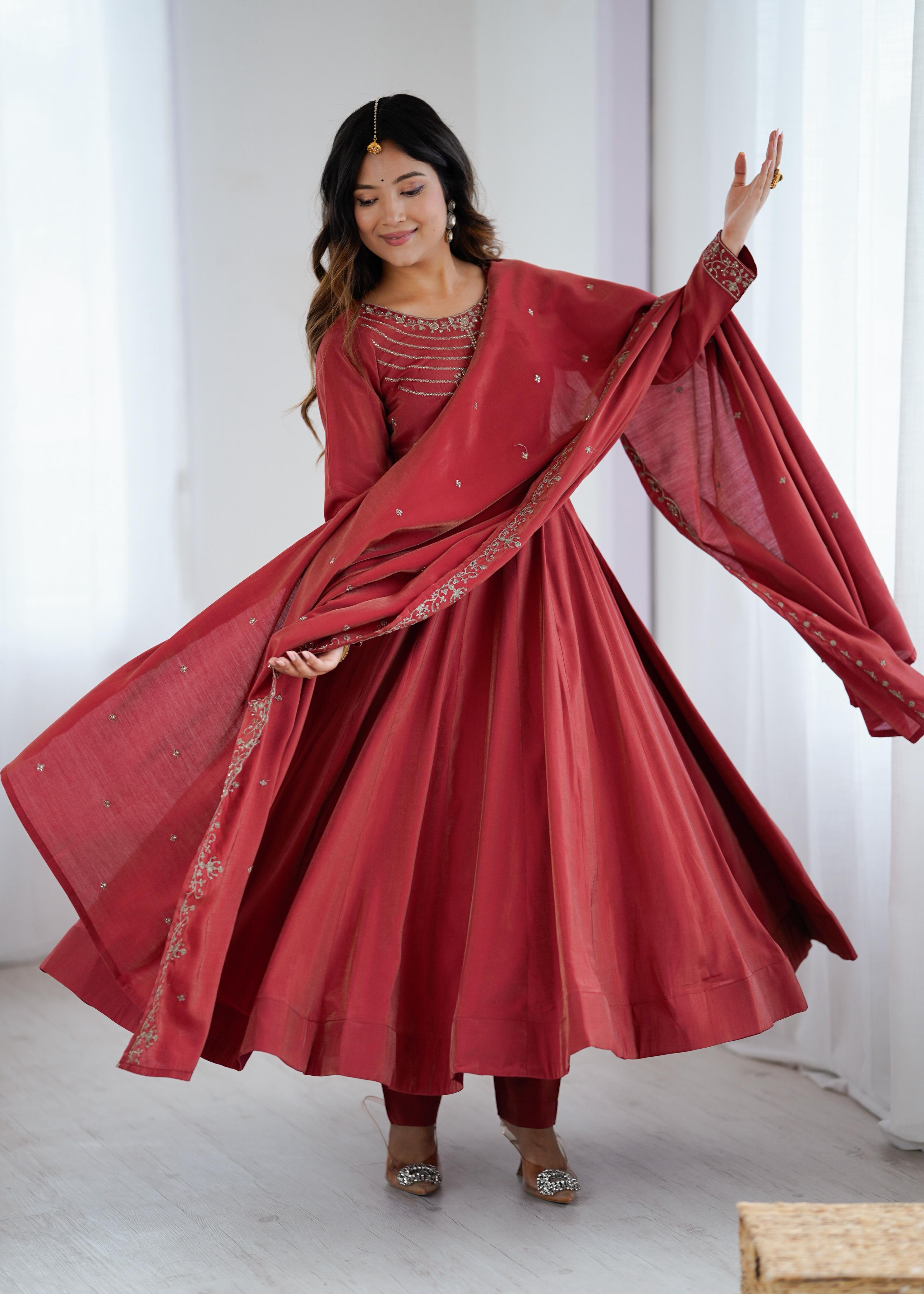 Rust Red Chanderi Silk Anarkali Gown Set