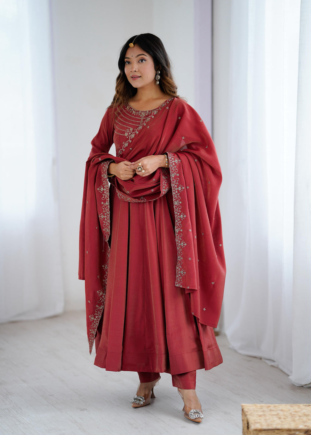 Rust Red Chanderi Silk Anarkali Gown Set