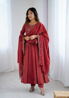 Rust Red Chanderi Silk Anarkali Gown Set