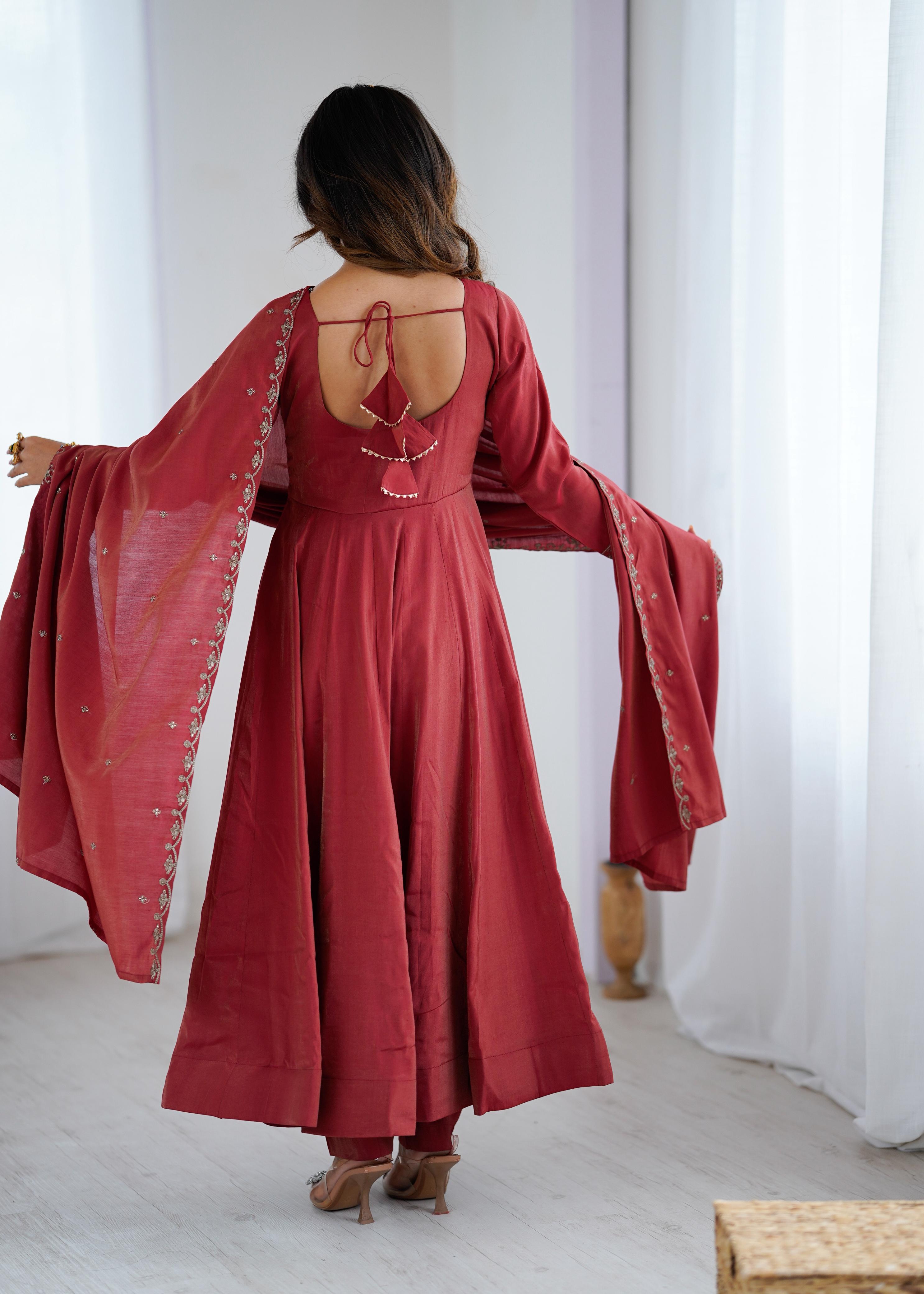 Rust Red Chanderi Silk Anarkali Gown Set